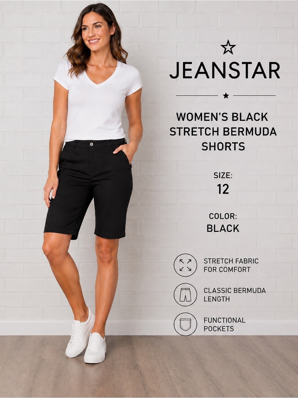 JEANSTAR women everyday wear casual summer Black stretch bermudas Shorts/size 12